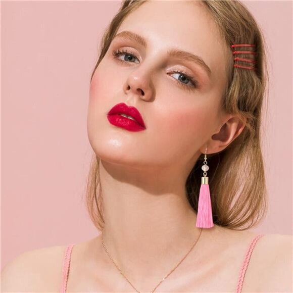 4 Pairs Pink Tassel Earrings For Women Fan Shape Tassel Earrings Long - Picture 4 of 6